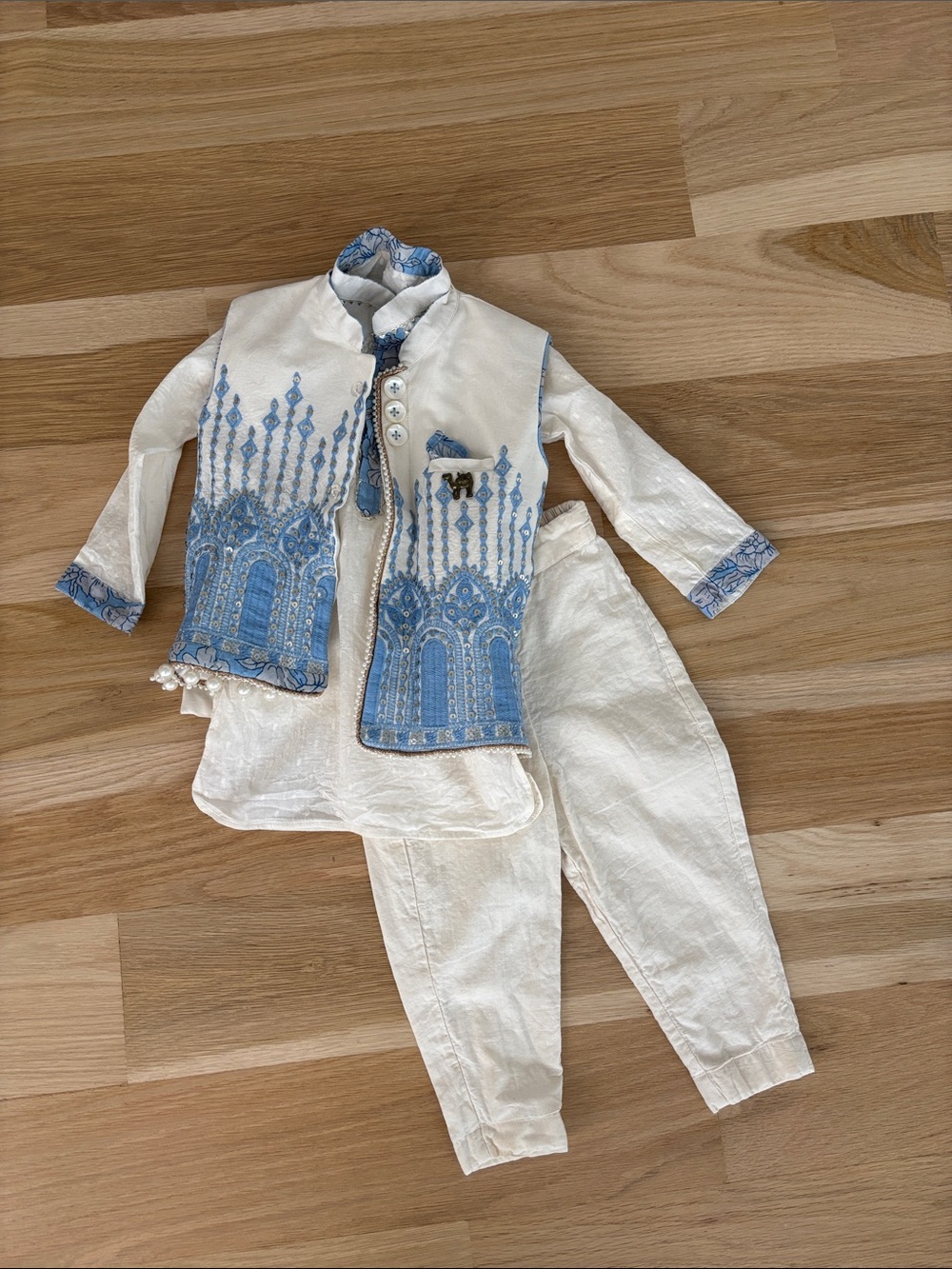 Little Boy’s Off White and Light Blue Kurta with Embroidered Jacket and Pyjama